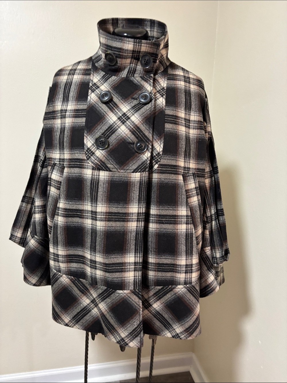 LOFT Plaid Double-Breasted Cape Jacket in Black, Cream, Brown & Grey.